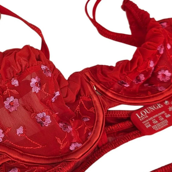 Lounge Katya Intimates Bra / Garter Set Size 34 A and M Garter Red Embroidered - Picture 7 of 13